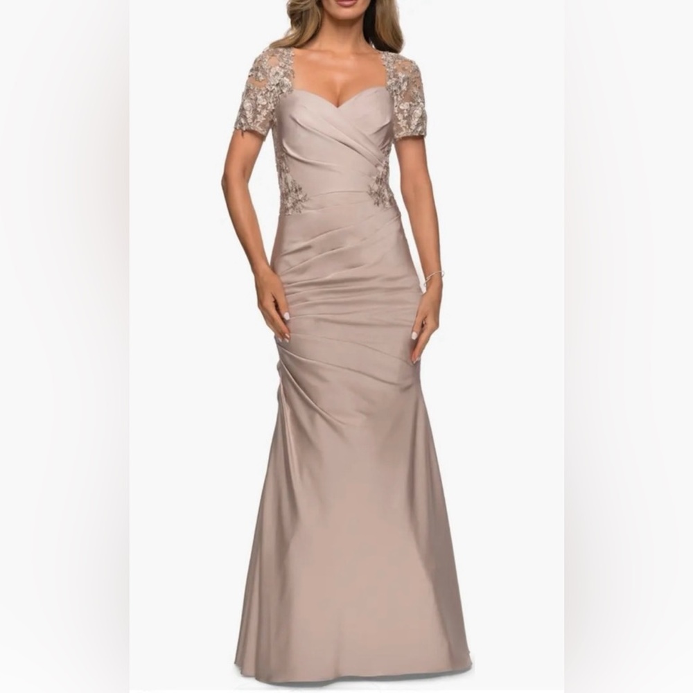 La Femme Satin Evening Dress with Lace and Scoop Neckline